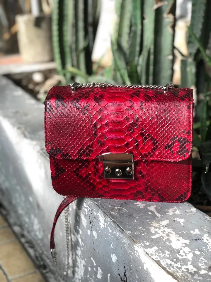 Red Genuine Python Skin Bag Purse Chain Crossbody | Classy elegant red leather bag | Handmade designer Bag | Exotic skin bags | Red bag