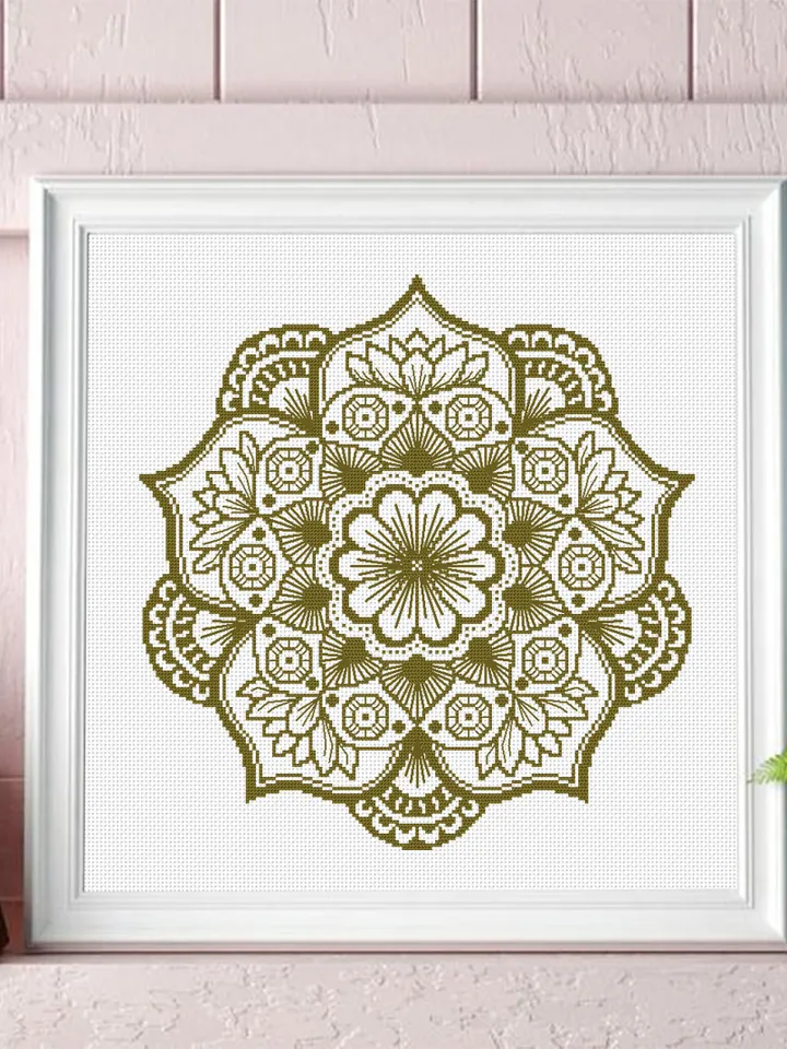 Lotus mandala cross stitch pattern download PDF, Monochrome mandala ornament, Lotus flower cross stitch chart, Mandala pattern PDF #M190