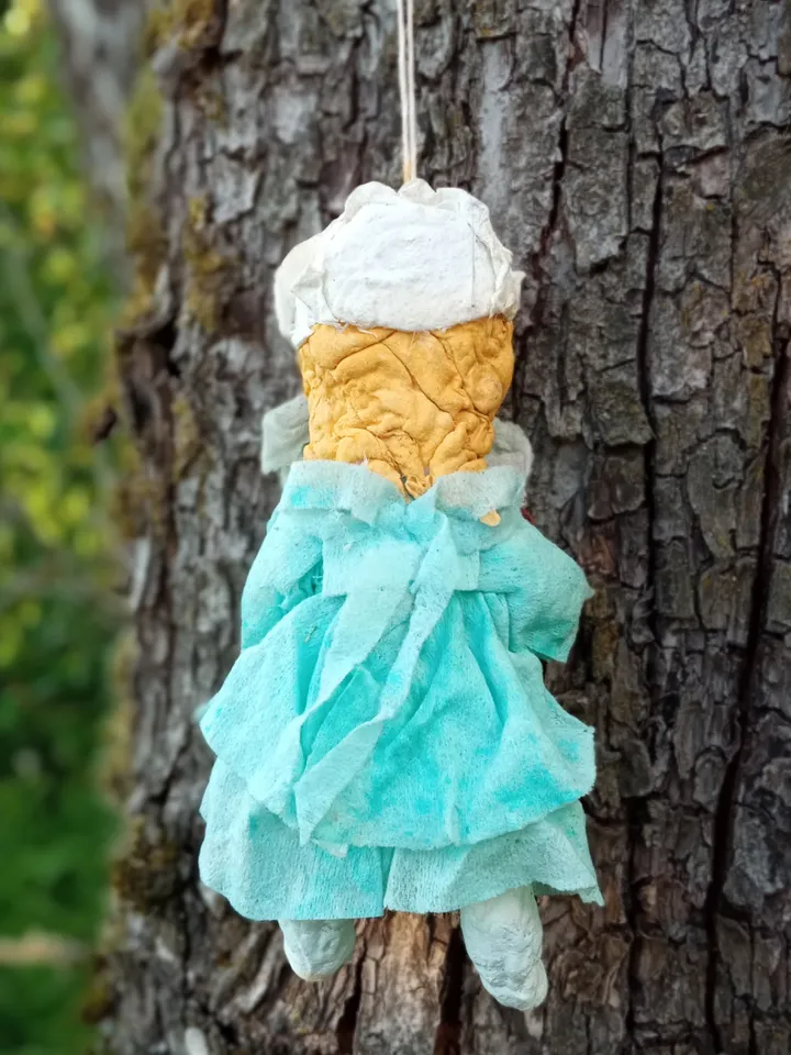Handmade cotton toy Girl in blue dress with a teddy bear. A unique gift. Family Christmas souvenir. Original Christmas tree decoration. Made in 1 copy. Free shipping