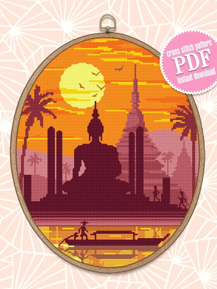 Thailand Buddha statue cross stitch pattern download PDF Nature landscape embroidery Sunset cross stitch Buddha painting stitch chart #L6