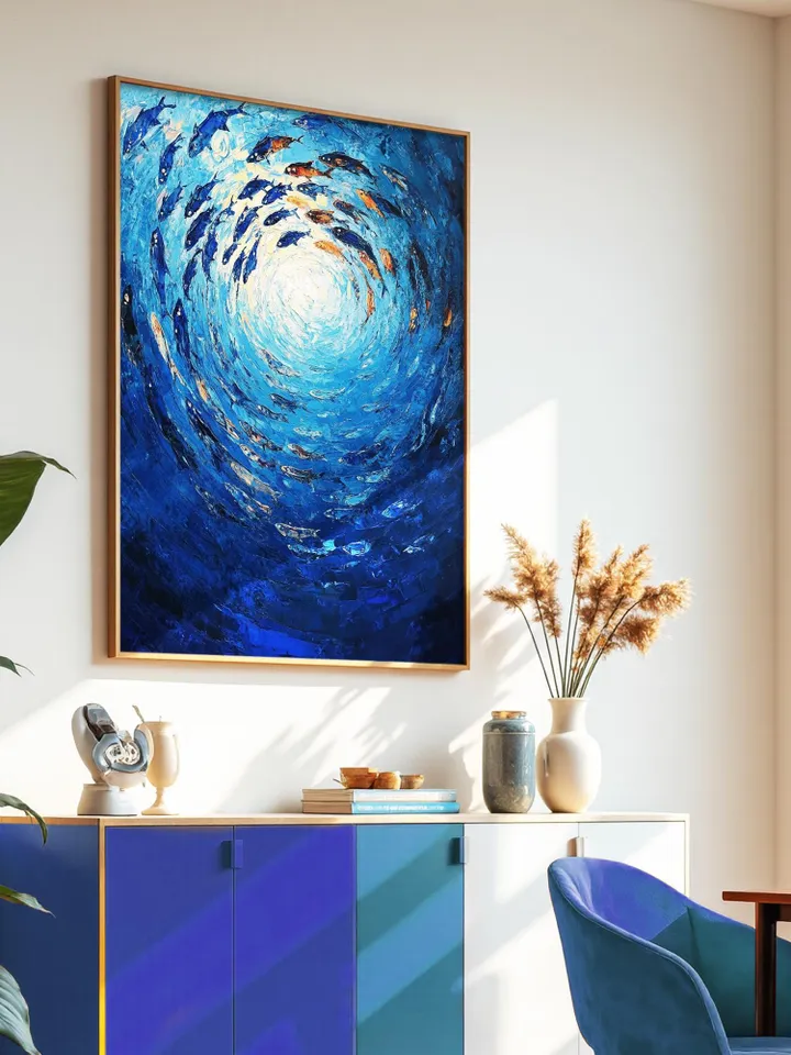 Ocean Painting, School of Fish Art, Impasto Fish Artwork, Blue Ocean Art, Underwater Scene, Textured Wall Art, Original Painting, Home Decor