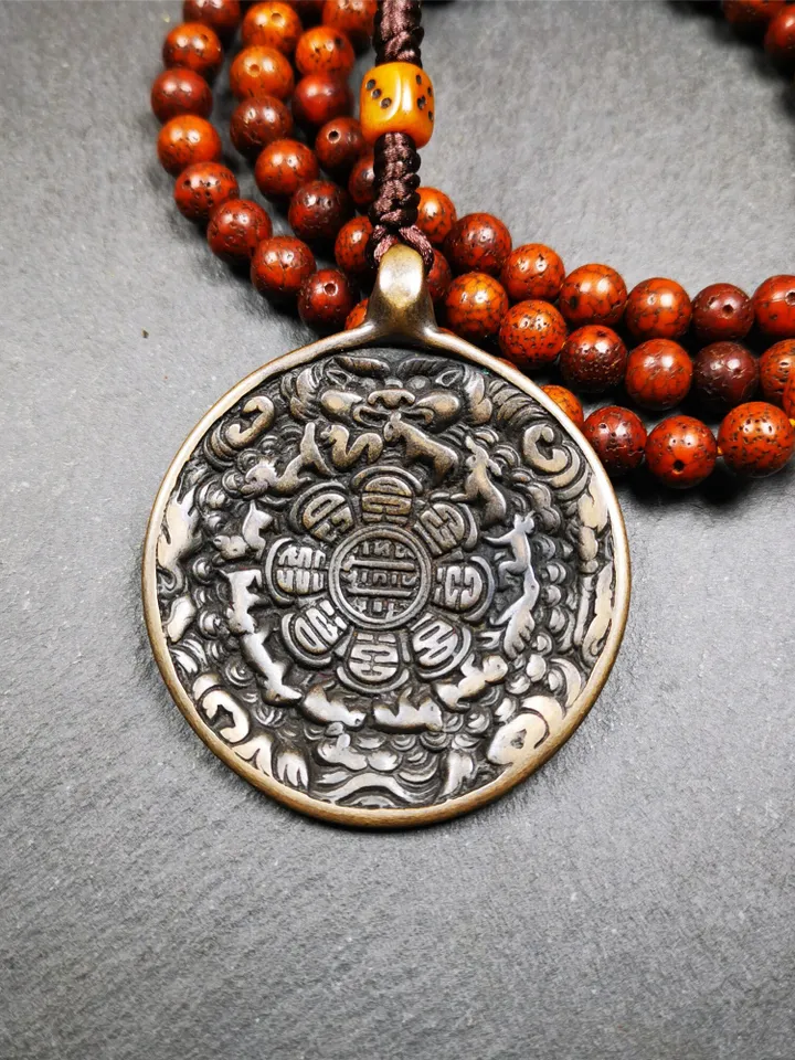 Gandhanra Antique SIPAHO(srid pa ho) Amulet, Tibetan Buddhist Astrology Calendar Badge,12 zodiac Melong Mirror, Jiugong Bagua,30 Years Old