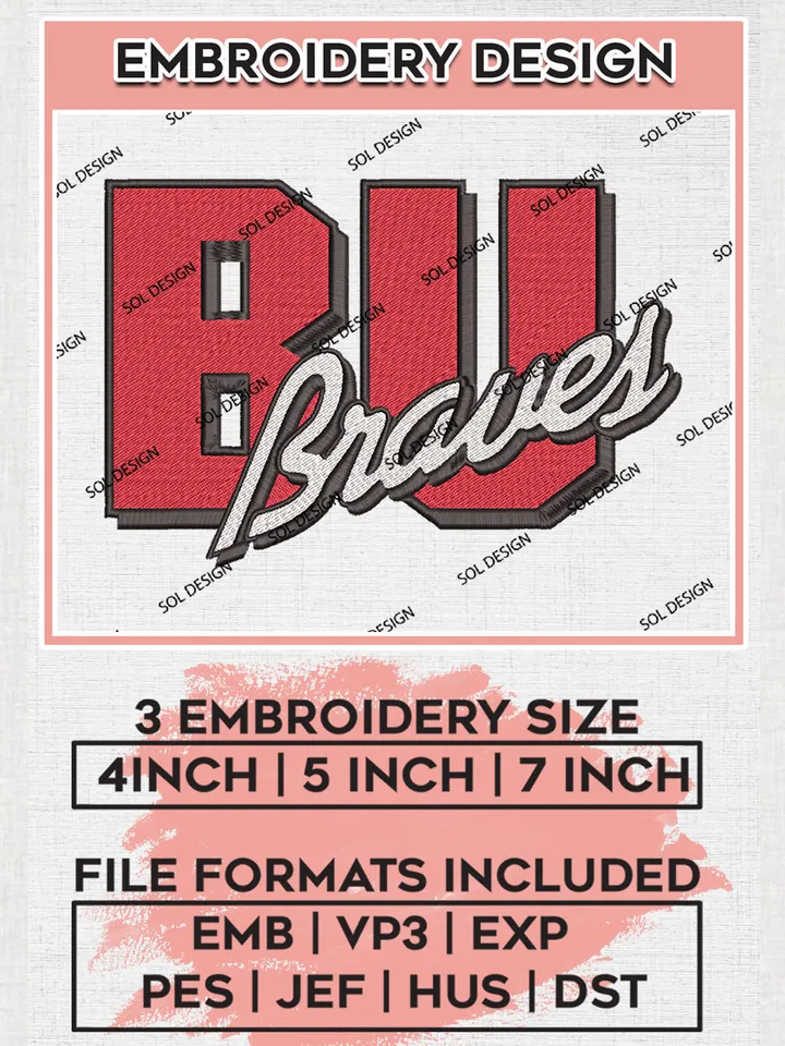 BU Braves College Football Team Writing Logo embroidery designs, NCAA Bradley Braves Logo Machine embroidery files, NCAA Team Logo embroidery designs, NCAA Game Day Machine embroidery designs, Digital Download