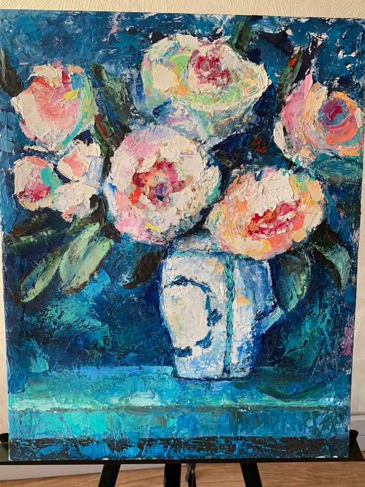 Peonies in vase impasto oil original painting fresco