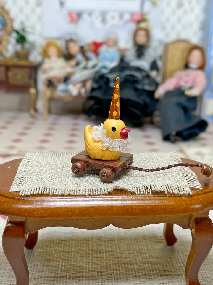 Mini duck on a cart. Vintage toy for a doll. 1:12. Dollhouse miniature. Handmade.