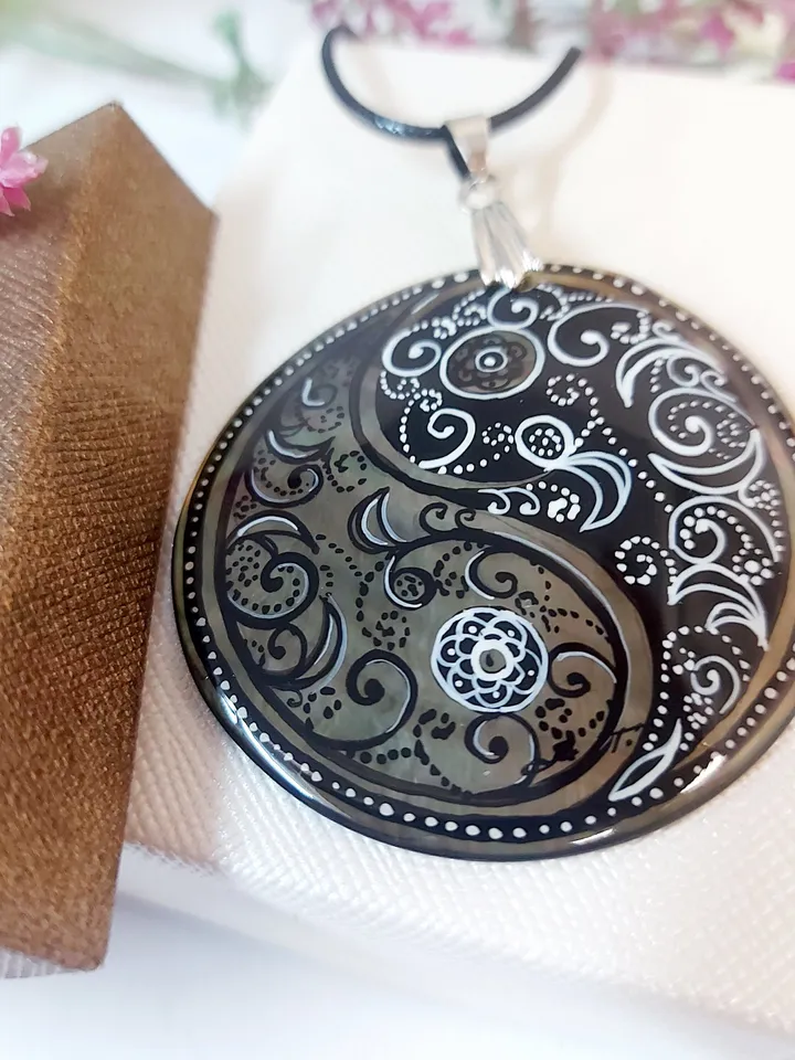 Pearl pendant necklace: Black paisley pattern in Yin Yang symbol hand painted on mother of pearl necklace • handmade boho jewelry pendant