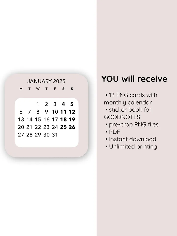 Digital monthly calendar 2025 sticker. Planner journal sticker. Student sticker calendar. 12 month sticker calendar. Monday week start