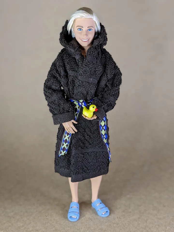 Brown terry bathrobe with a hood for 12 inch fashion male doll