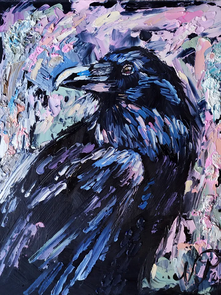 Raven Painting Bird original art 10 by 8 inches Black Crow Wall Art Crow artwork oil painting by Natalia Plotnikova