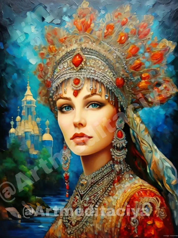 Digital abstract texture painting "Mysterious Russian Beauty" with blue eyes in a luxurious red-gray kokoshnik crown, red dress against the background of an abstract urban landscape in blue tones, made in the style of painting with a palette knife, oil
