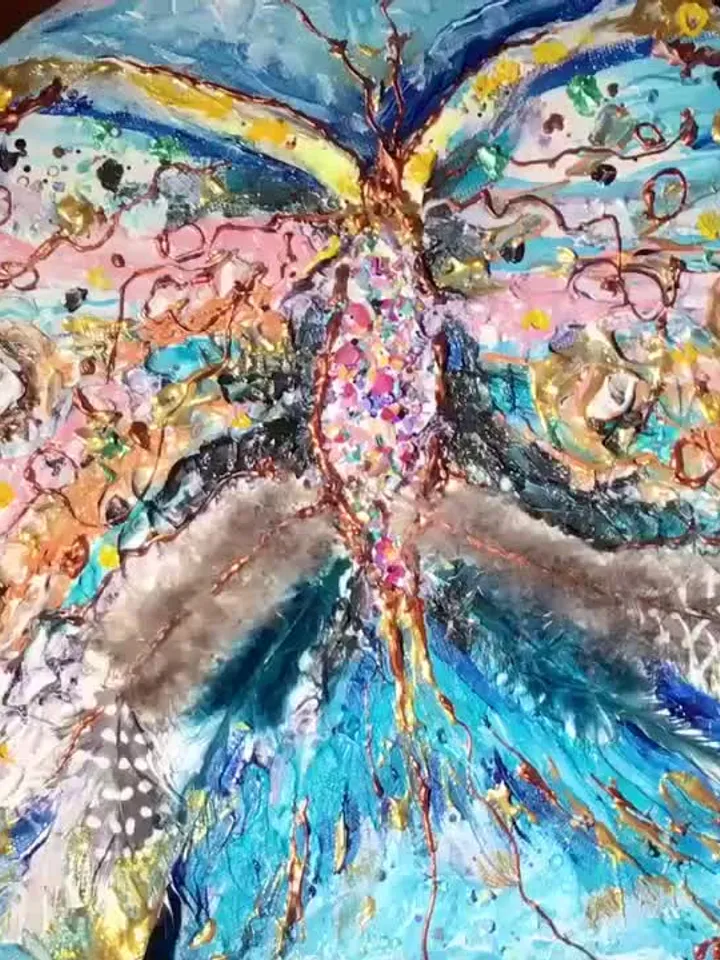Abstract butterfly mix media painting on round canvas,original artwork,oil,acrylic feathers and beads decorated,unique home decoration ,gift