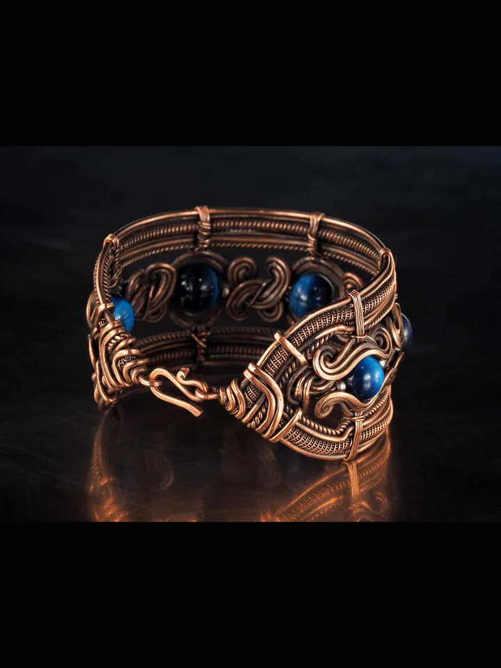 Copper wire bracelet with natural falcon eye, 7th Wedding Anniversary gift