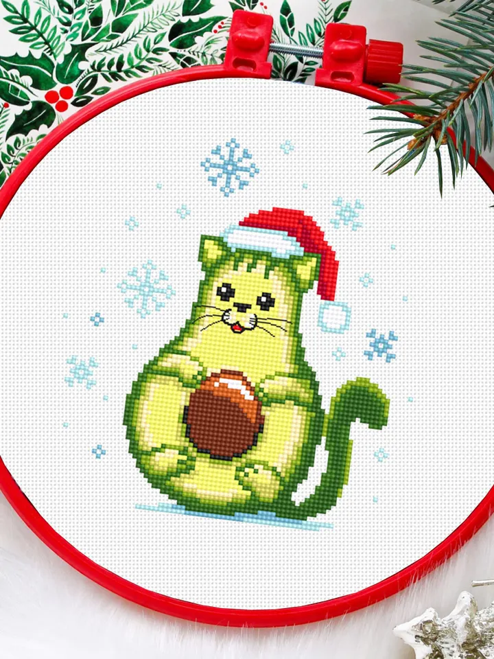 Kawaii Christmas avocado cross stitch pattern download PDF, Funny avocato, Holiday embroidery beginner, Cute kawaii cat cross stitch #N71