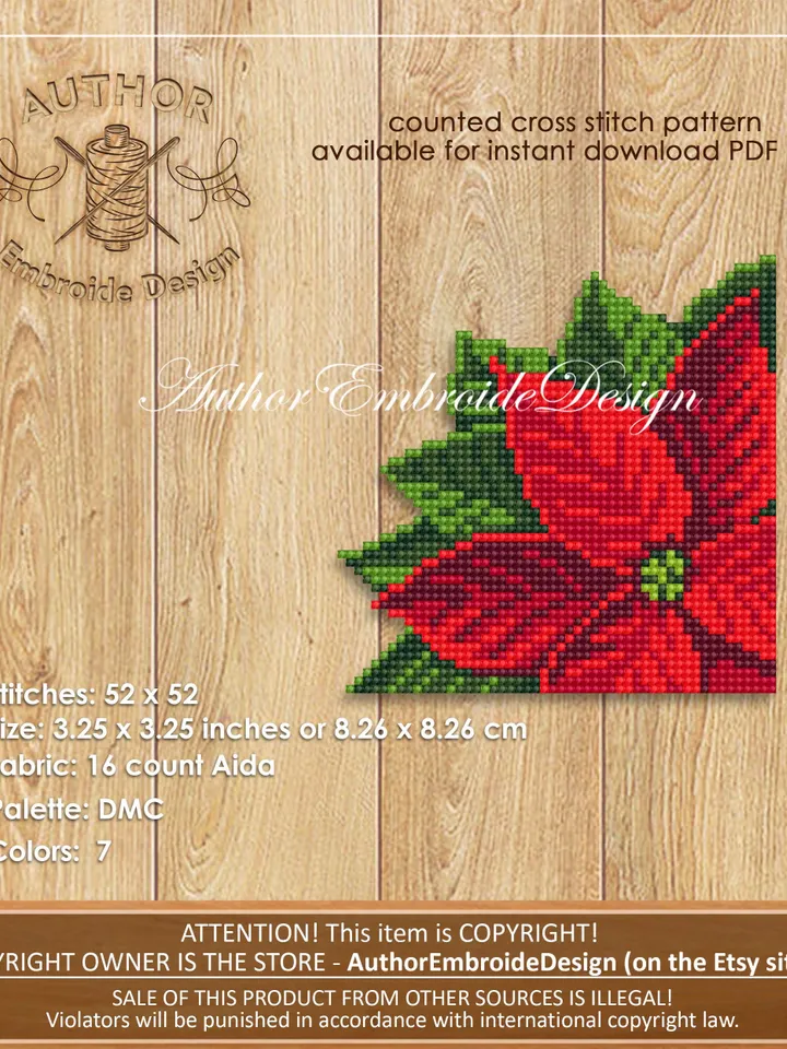 Poinsettia Corner bookmark cross stitch pattern PDF download Christmas flower cross stitch chart, Christmas bookmark pattern digital #B392