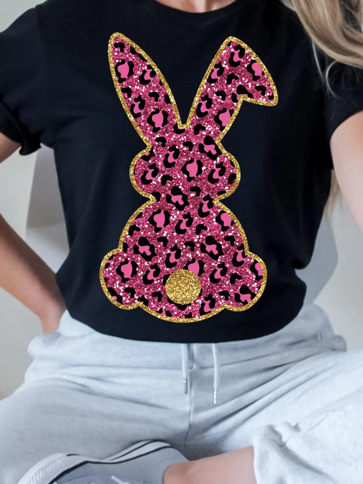 Trendy Easter Bunny, Sparkly Faux Sequins Easter Png, Pink Leopad Bunny, Cute Easter Day Shirt Design, Trendy Easter Day Png