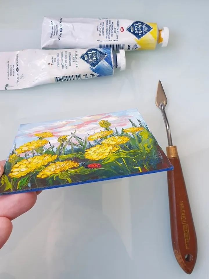 Dandelions Painting Ladybug Original Art Wildflower Wall Art Small Oil Painting