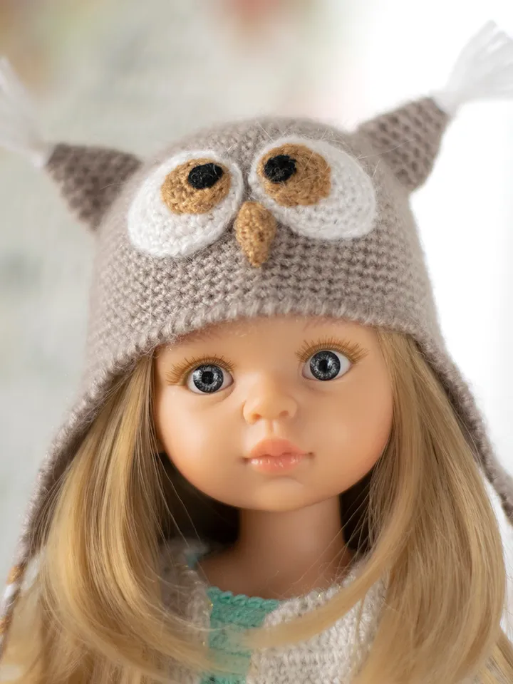 Owl hat for Paola Reina doll, Dumplings, Little Darling, Siblies RRFF for Halloween, animals hat with ears for doll