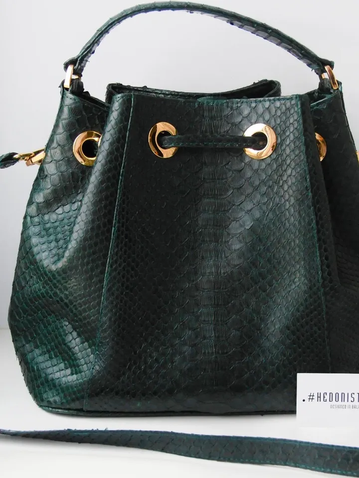 Genuine python skin dark green bucket crosshandle bag/ designer women purse | classy elegant rossbody bag | exotic leather bags | gift idea