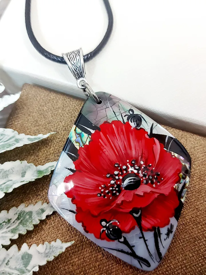 Pearl pendant necklace: Big red poppy flower on handmade necklace • Hand painted statement jewelry for dress • unique trendy floral necklace