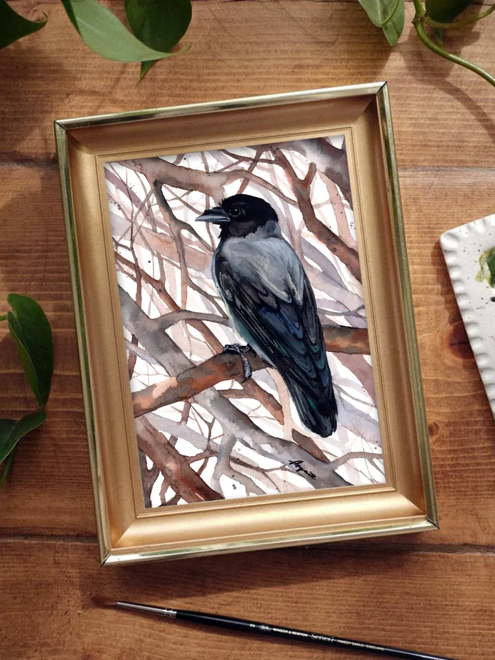Crow Original watercolor, bird painting, wall decor, birds lover gift, 8x11 in handmade art by Anne Gorywine
