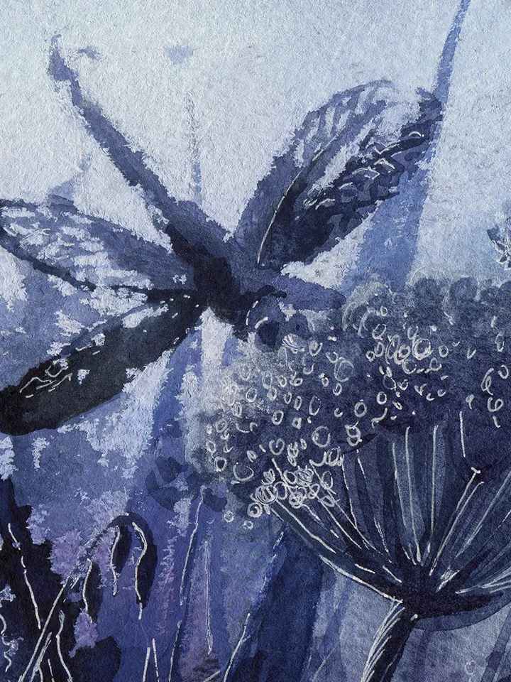 Watercolor landscape with wildflowers and dragonfly Watercolor digital file JPEG Poster for print