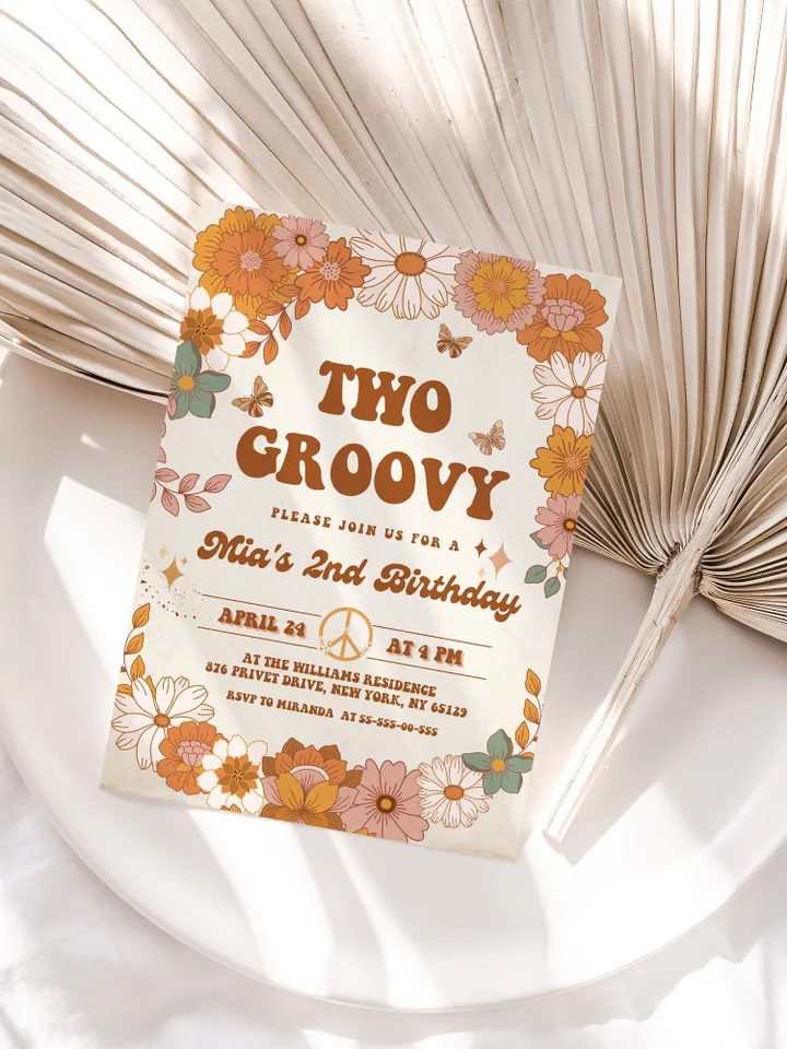 Two Groovy Baby Editable Any Age Pink Groovy Van Daisy Rainbow Hippie Birthday Invitation Let's get Groovy 1st Birthday Invitation ; gr4