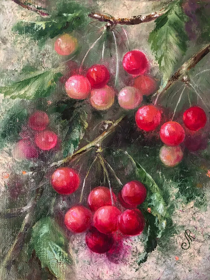 Cherry Painting Original Fruit Oil Painting Kitchen Still life Painting