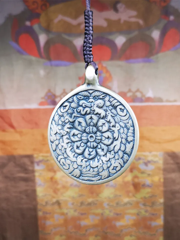 Gandhanra Vintage Tibetan Buddhist Calendar Badge,Melong Mirror, SIPAHO Amulet,Unique Mandala Flower Pattern,made of Lima Brass,2.16"