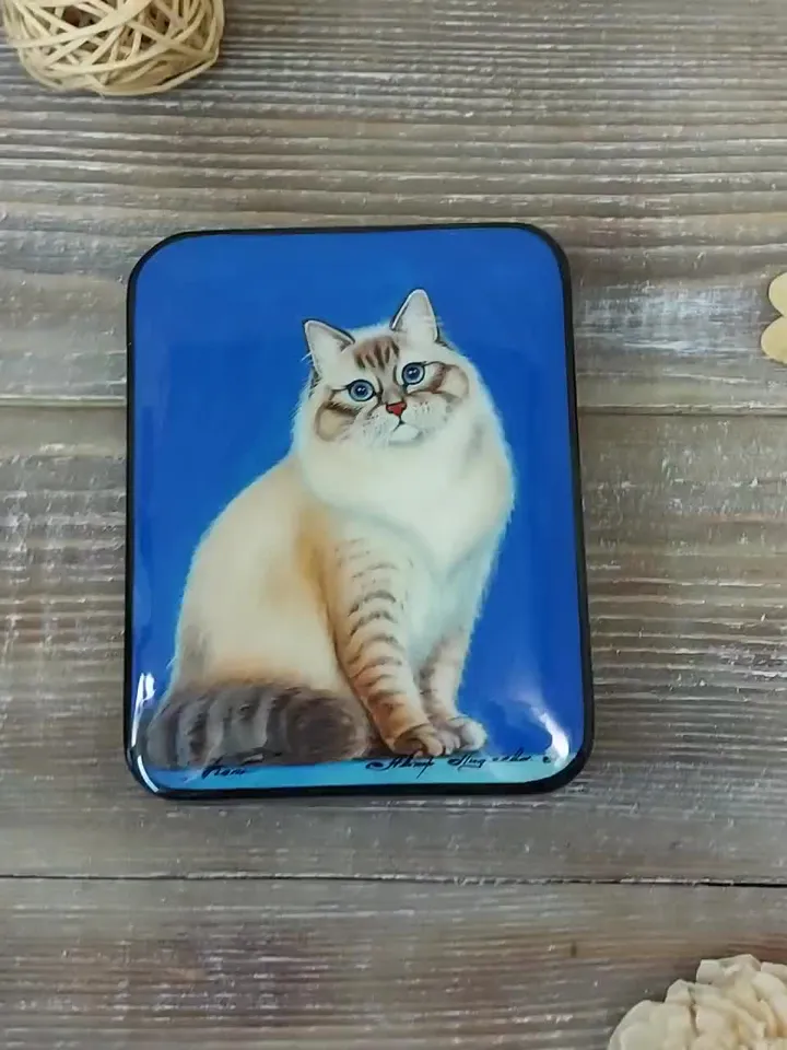 Beautiful Russian Lacquer Box"Fluffy cat" Hand painted miniature painting jewelry box Mother of pearl Papier mache Art gift Fedoskino
