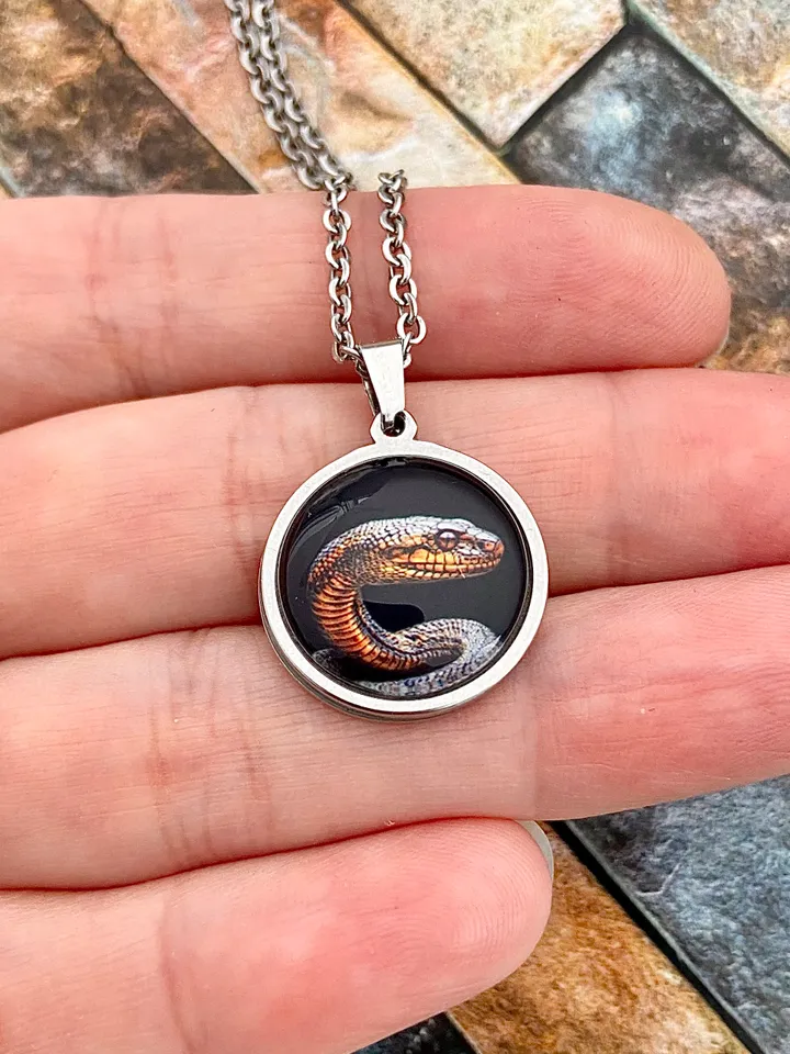 Snake necklace, steel pendant with glass, Reptile lover gift