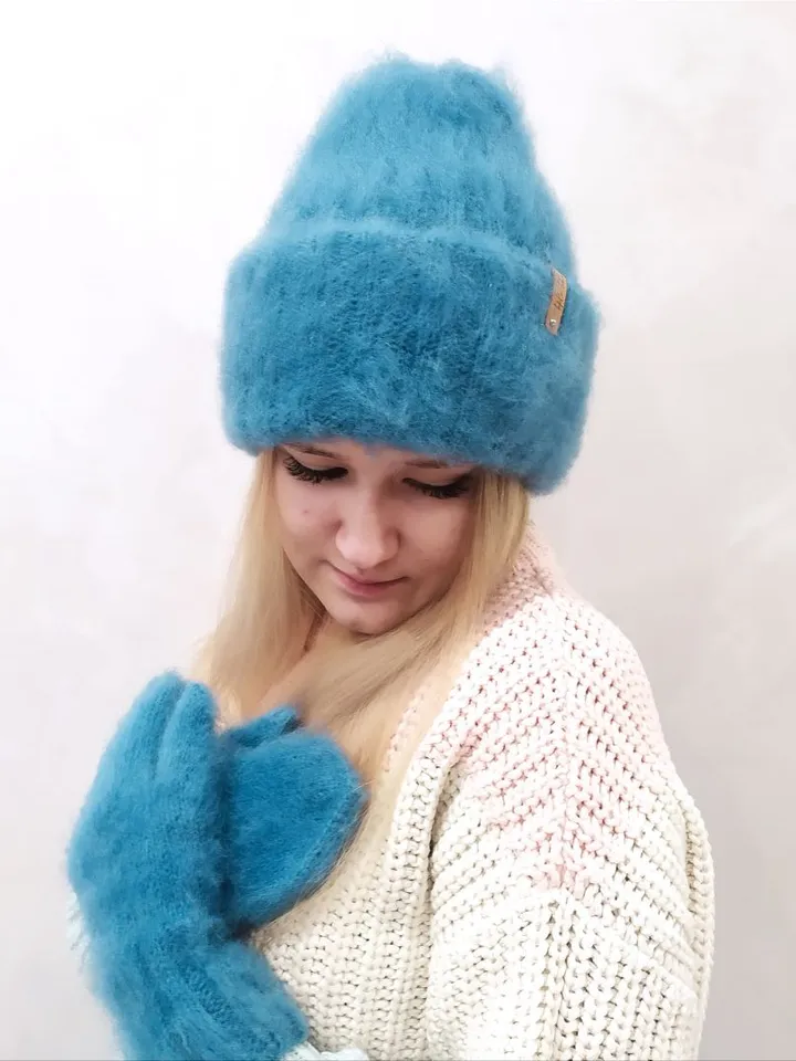 Warm blue fluffy hat and mittens