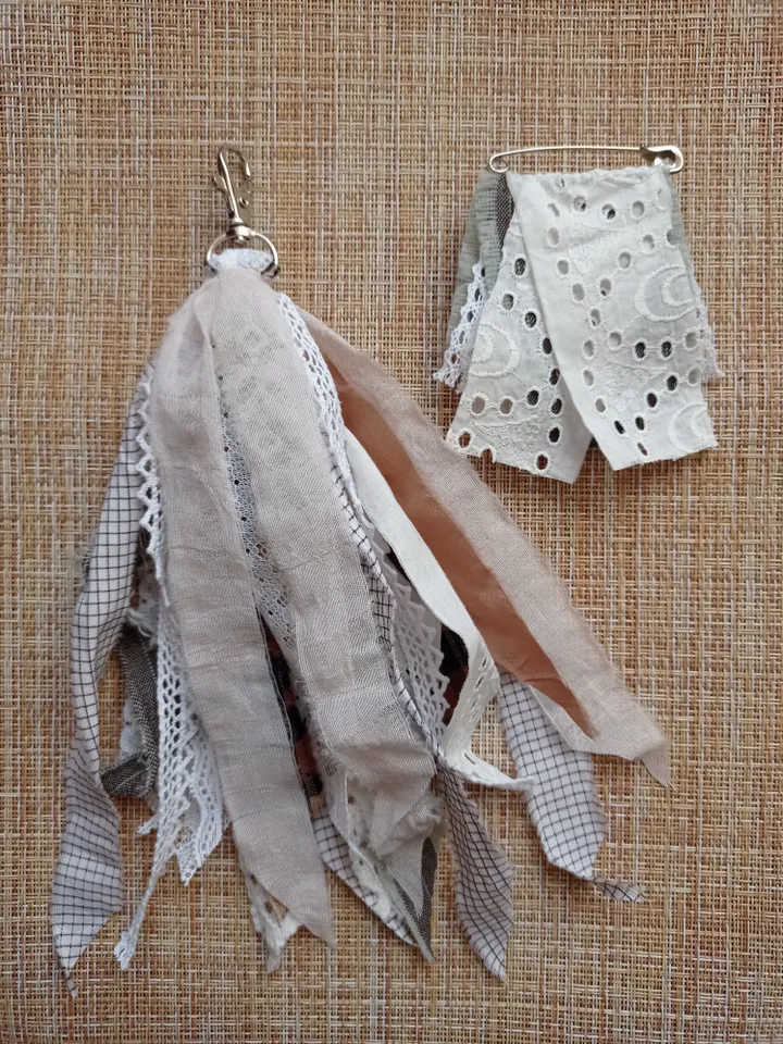 Set of brooch and keychain made of ribbons and boho fabric