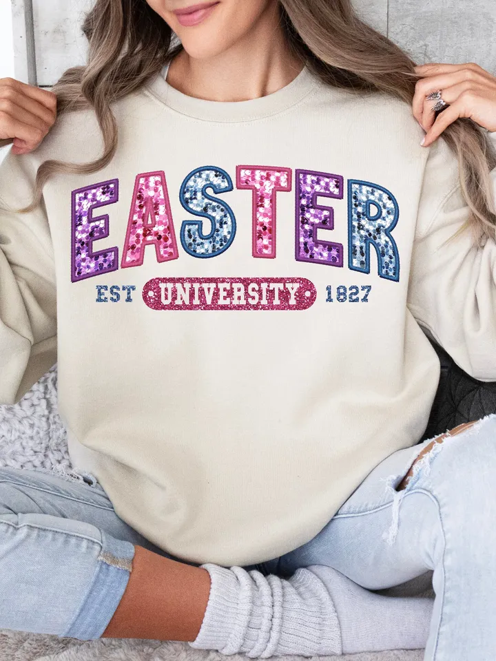 Trendy Easter University, Embroidery Sparkly, Faux Sequins, Easter Png, Cute Easter Day Shirt, Trendy Easter Day Png, College Sublimation