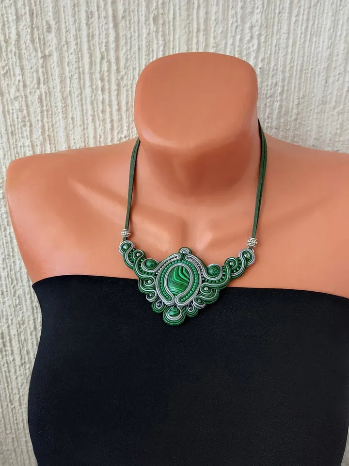 Malachite Green Statement Necklace, Soutache embroidered necklace with natural stone