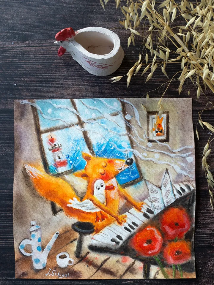 27x27cm Artwork by Julia Schigal "This Song İs For You" - watercolor, gouache, pastel