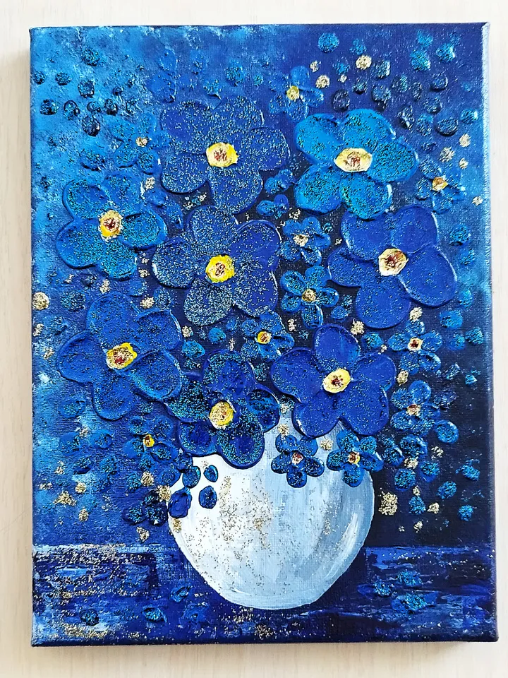 Flower Bouquet Blue Textured Painting Wall Decor