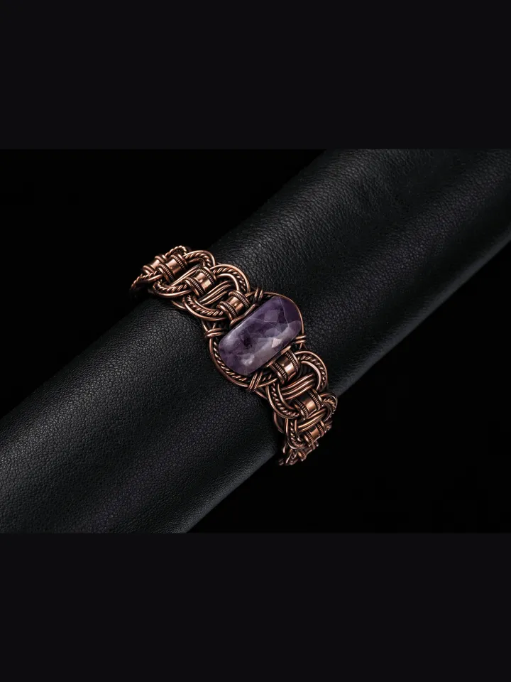 Copper wire wrapped bracelet with amethyst for lady Antique style WireWrapArt
