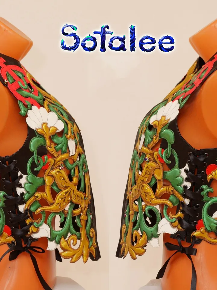 Chic Vest of genuine leather multicolored weaving plants flowers, perforation real leather waistcoat zippered summer.