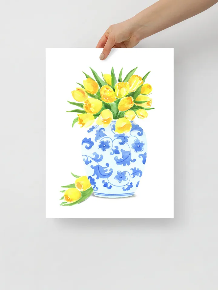 Chinoiserie Vase And Yellow Tulips, Blue White Ginger Jar, Flower Vase Painting, Vintage Chinoiserie, Ginger Vase, Apartment Decor, Print