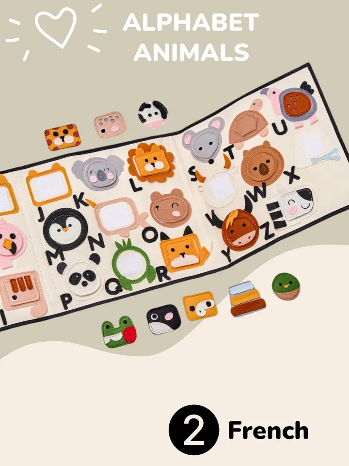 abc felt quiet book toddler, soft activity busy board 1-2-3 year old, ENGLISH, FRENCH, GERMAN alphabet animals educational toy, kinderkrama