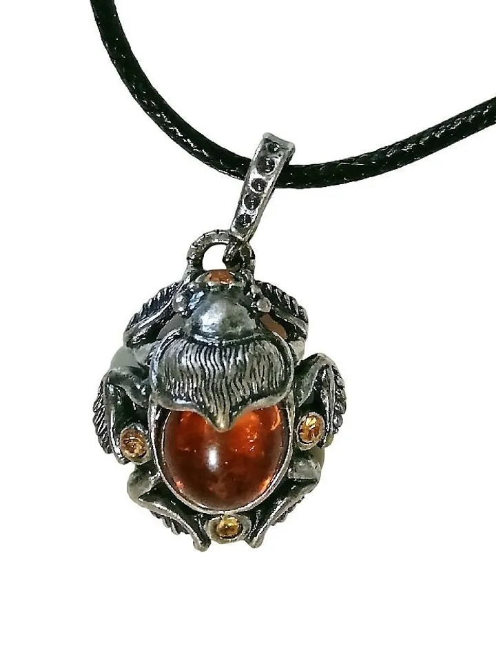 Scarab Beetle Silver and Baltic Amber Jewelry Amulet Pendant Necklace Gift for Women Men Handmade Insect Jewelry Vintage