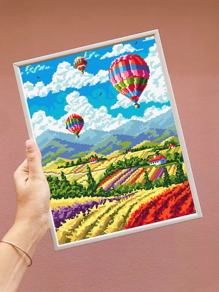 Hot air balloon over flower fields cross stitch pattern PDF download Nature cross stitch chart, Nature pattern digital PDF, Home decor #L73
