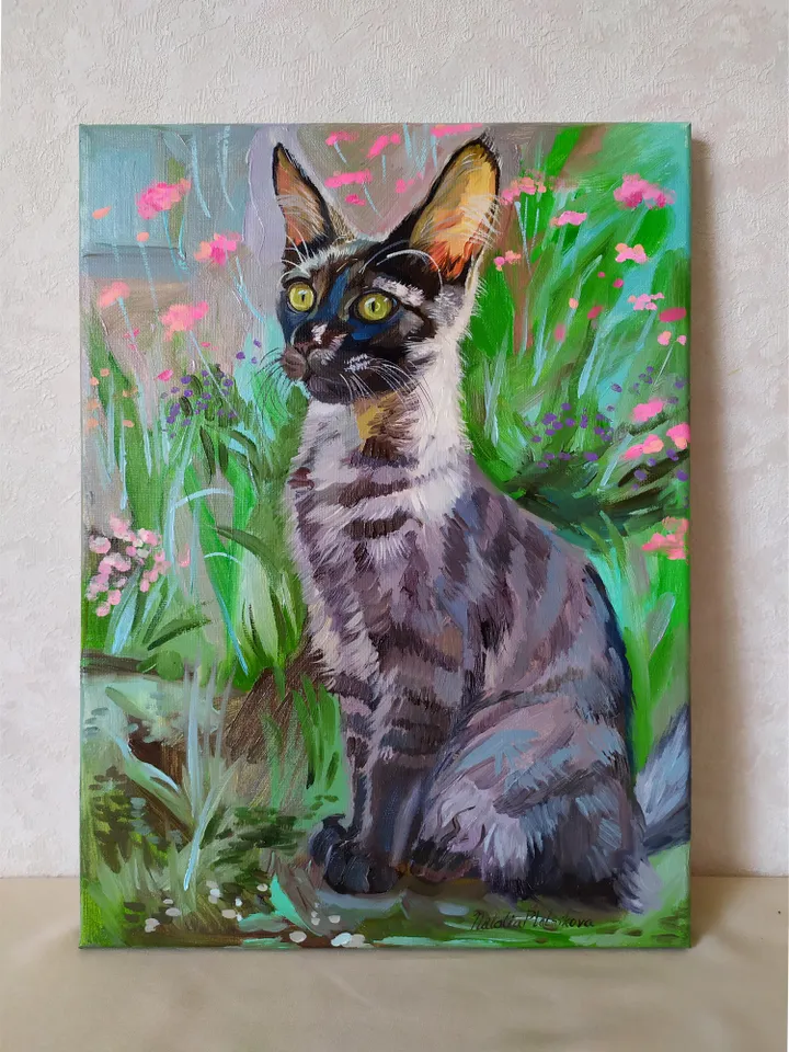 Maine Coon painting oil Animal Original Art Black Cat Artwork fine art Grey Pet canvas art by Natalia Plotnikova