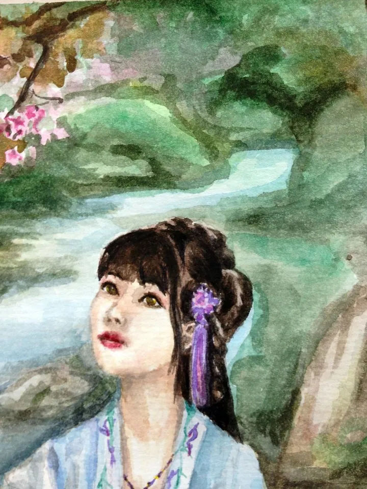 Woman painting Watercolor painting Original painting Blossom Sakura art Oriental