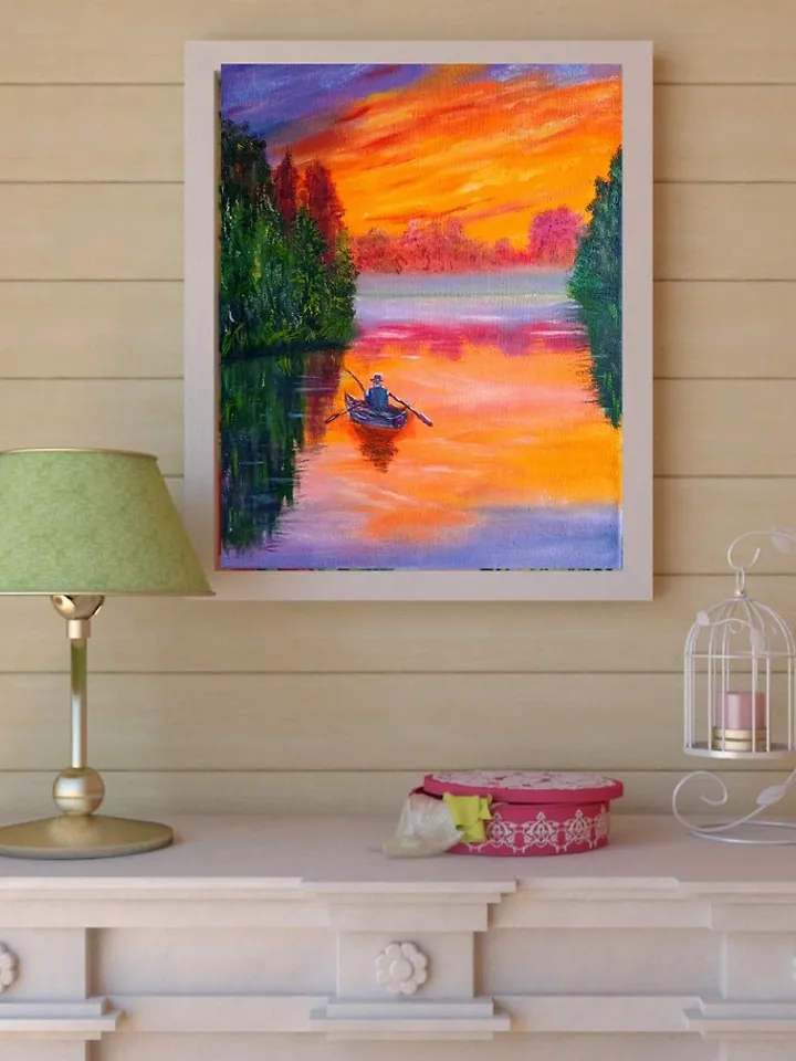 Oil painting, Fishing, Sunset on the river, fog on the river, canvas 30x40 cm