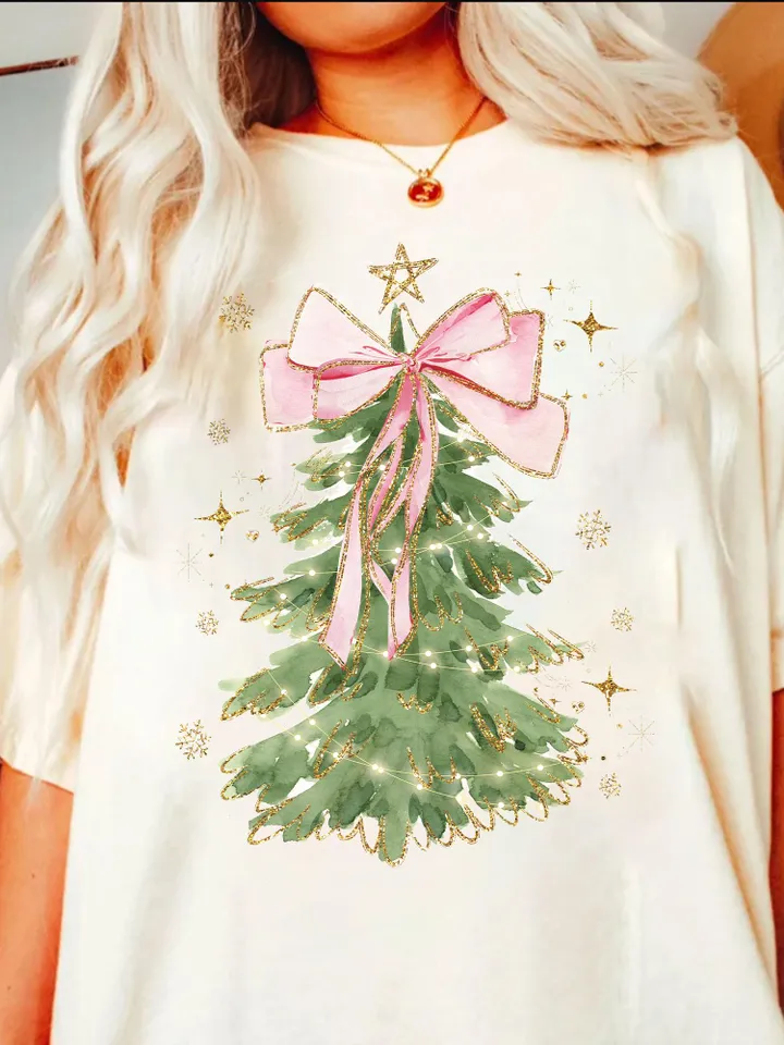 Coquette Glitter Christmas Tree Png, Watercolor Christmas Tree Girly, Merry Christmas Coquette Bow Tree Png, Christmas Lights Hand Drawn