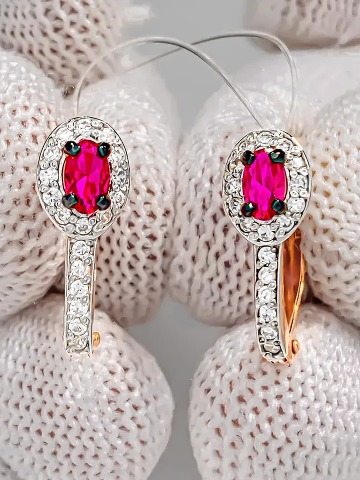 Earrings Silver gold plated 925 assay value with corundum ruby