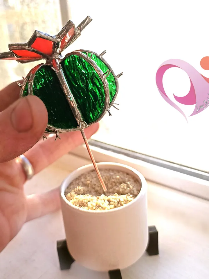 Stained Glass Cactus Suncatcher in White Pot with Stand - Cute Miniature Barrel Cactus with Flower