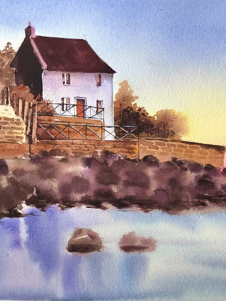 Coast Villa Painting Sunset Frejus Artwork Seascape in Watercolor Original Watercolor Painting 8.27x11.69 in by SoftWaves