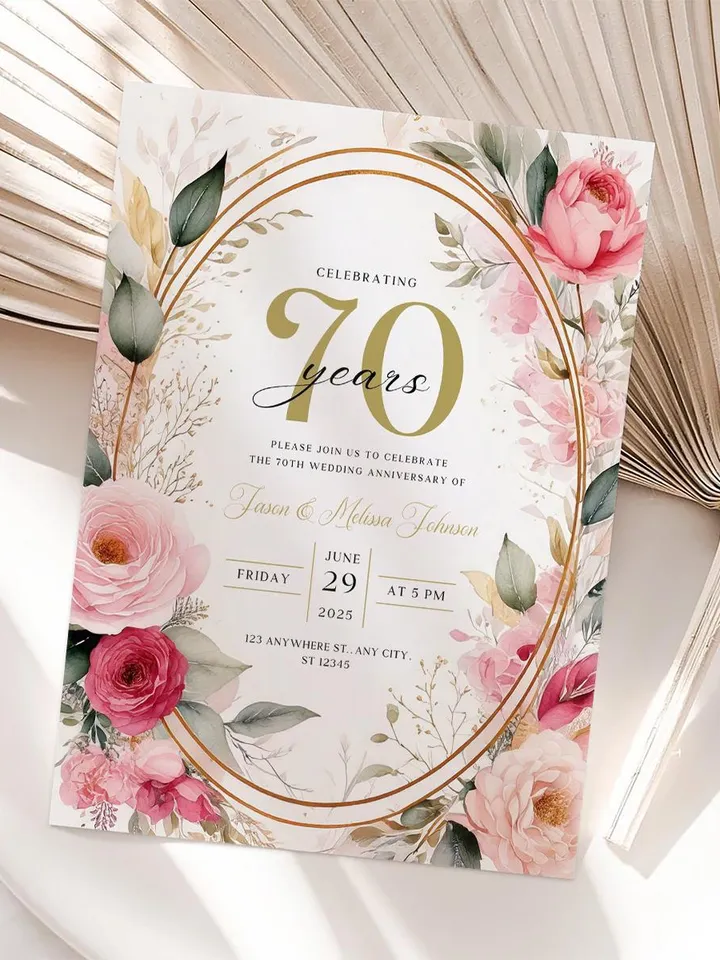 70th Anniversary Party Invitation, 60th, 50th, 40th, 30th, Blush Pink Canva Template 5x7 birthday invitation & evite digital invitation